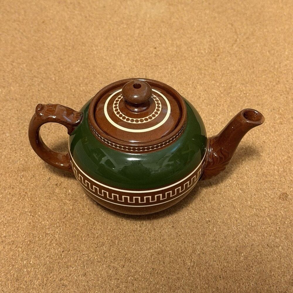 Green Brown Ceramic Tea Pot w/ Lid & Handle, Greek Key Pattern, Glossy